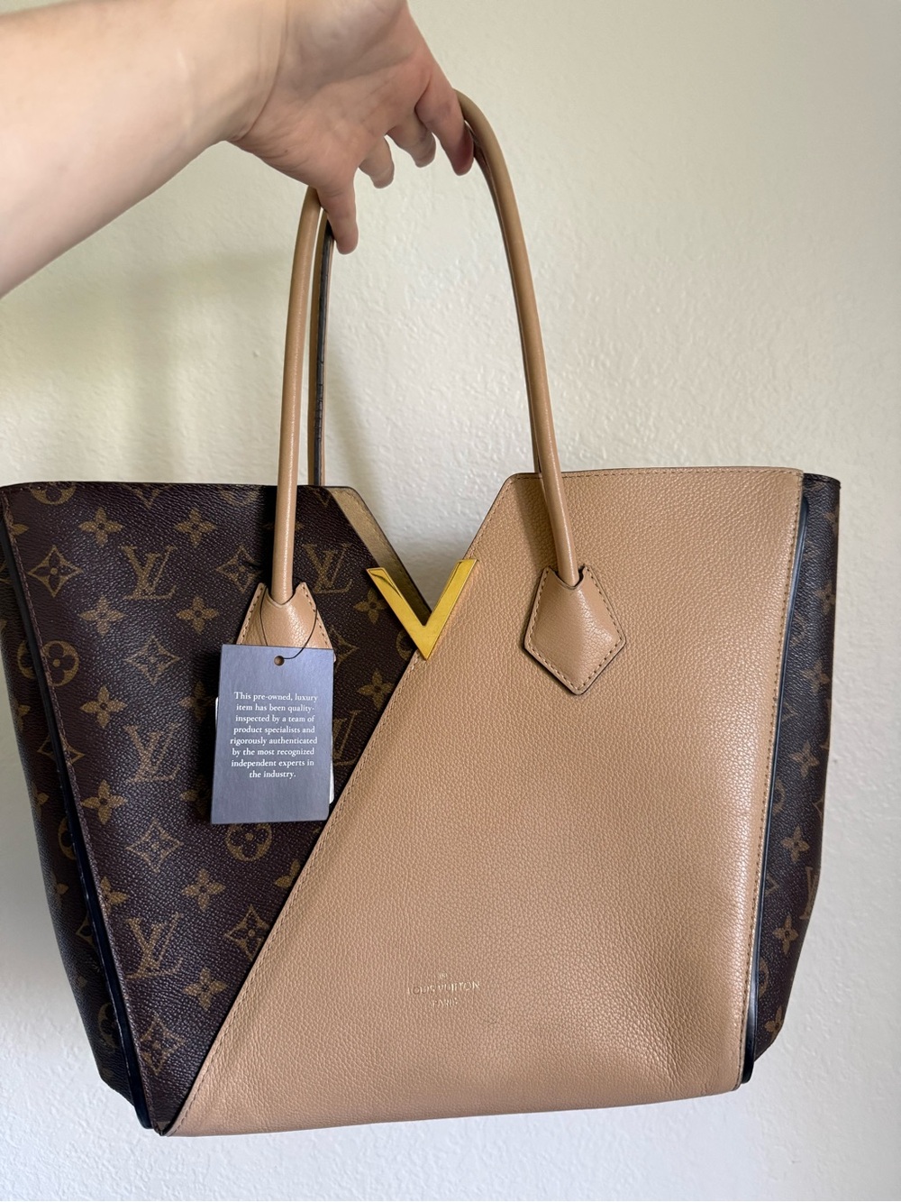 Louis Vuitton Two-Tone Monogram and Tan Leather Tote with Gold V Accent
